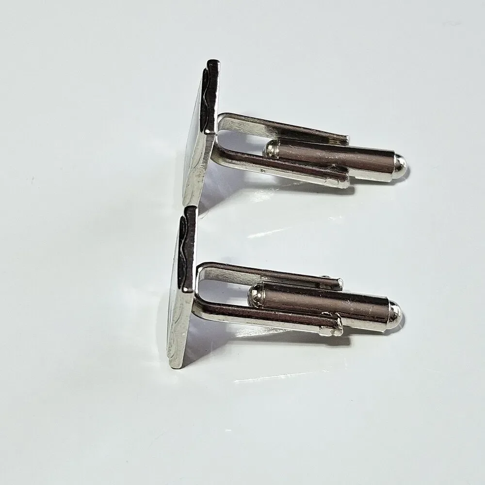 Cuff Links Vintage - Silver Tone with Black Enamel - Rectangle Shape